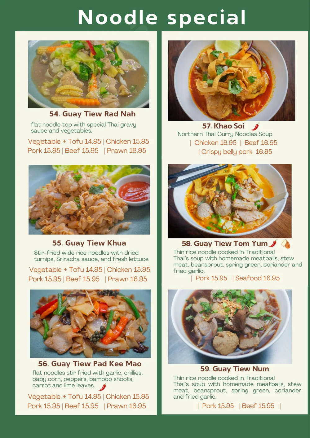 Noodle special page from Yum Yum Thai's published menu