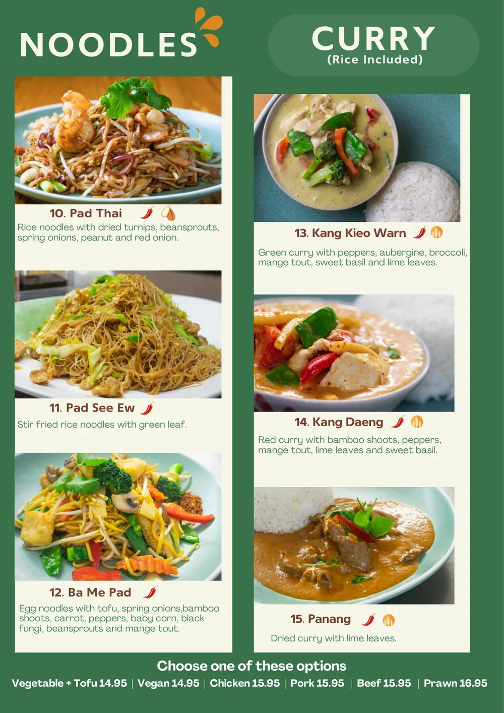 Noodles and curry page from Yum Yum Thai's published menu