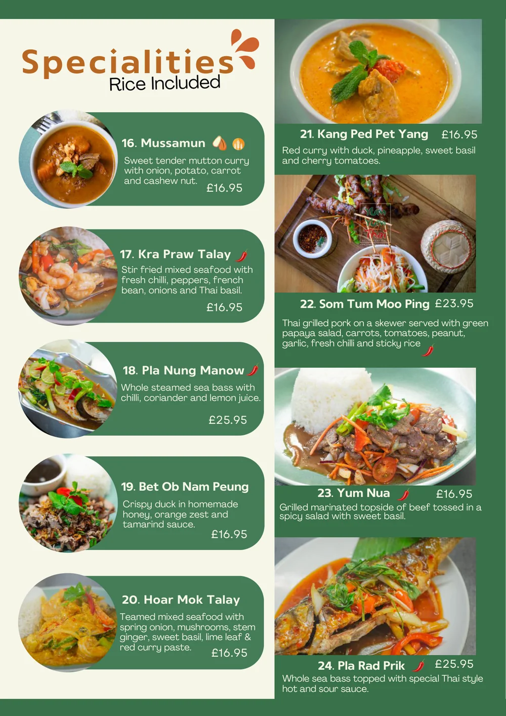 Specialities page from Yum Yum Thai's published menu