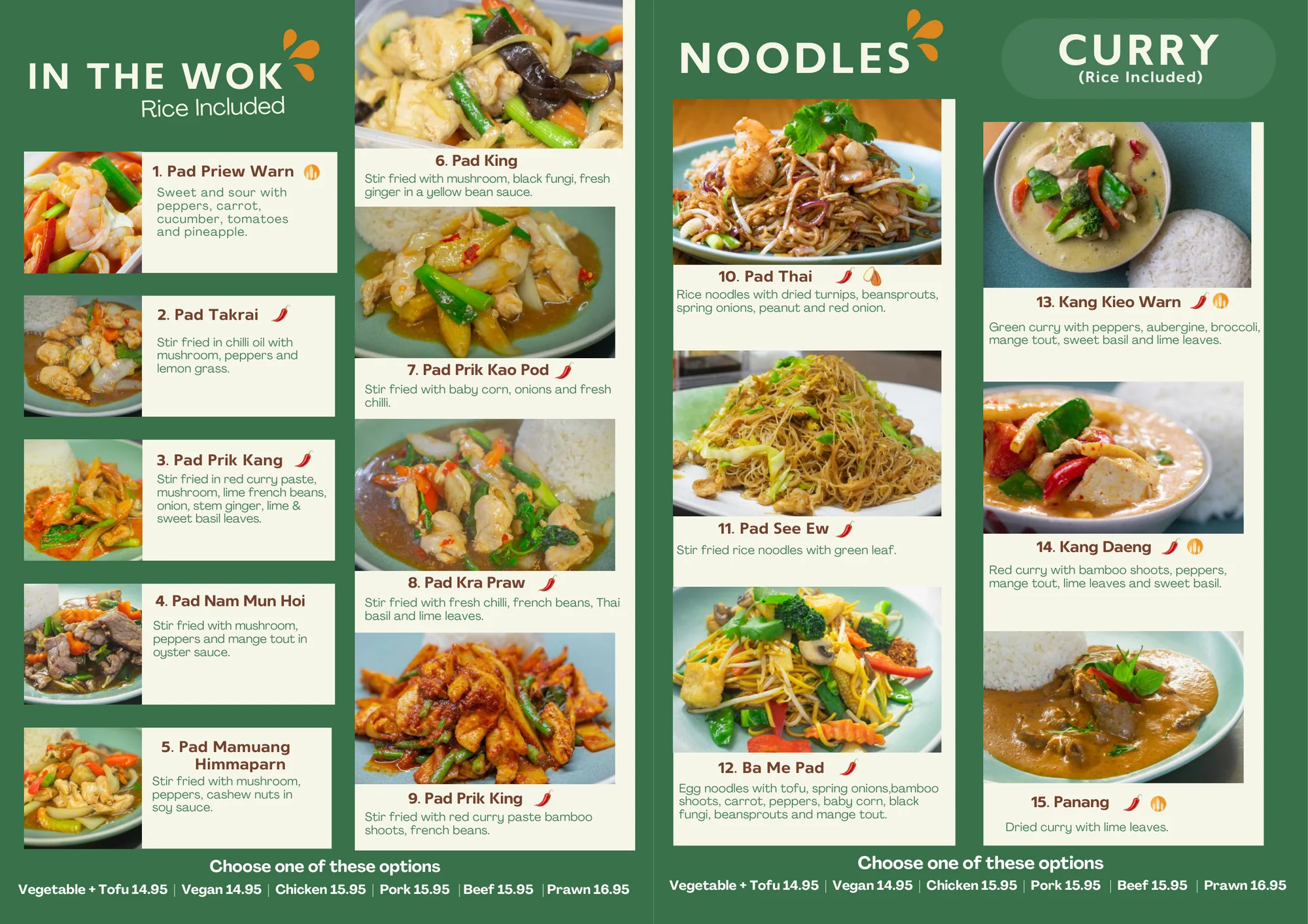 Pages from Yum Yum Thai's published menu showing wok dishes, noodles and curries